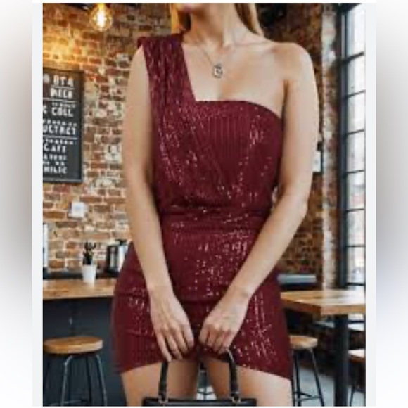 Shein Red Sequin One Shoulder Ruched Bodycon Mini Dress size L - Picture 2 of 11